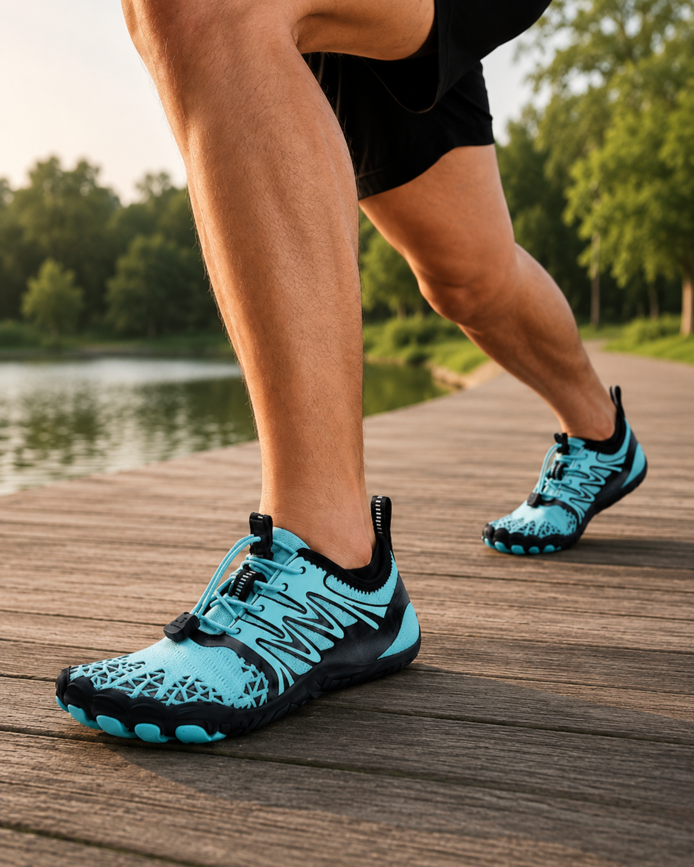 Person wearing blue and black athletic shoes on a wooden path with a natural background