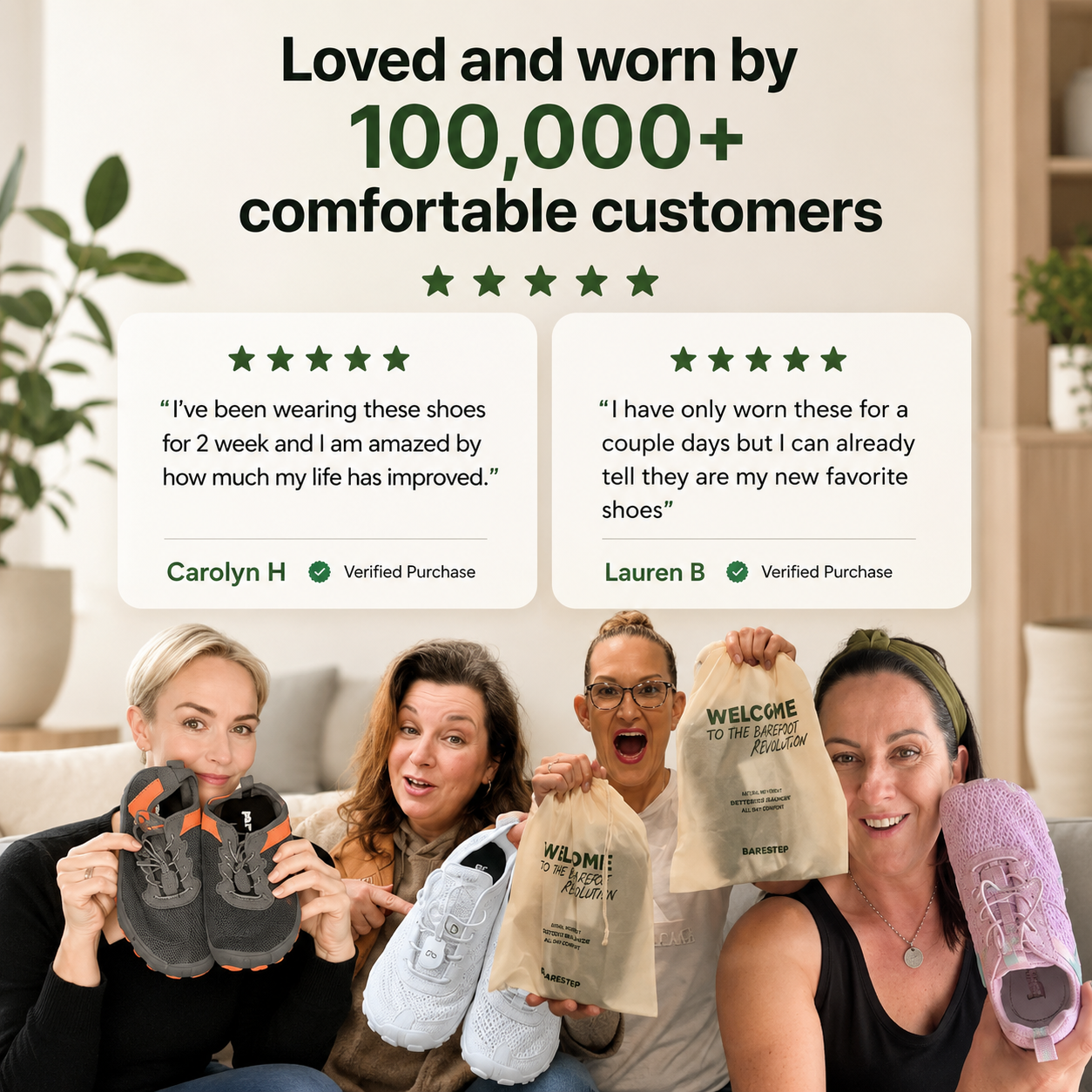 Promotional graphic for comfort shoes with the text 'Loved and worn by 100,000+ comfortable customers'.