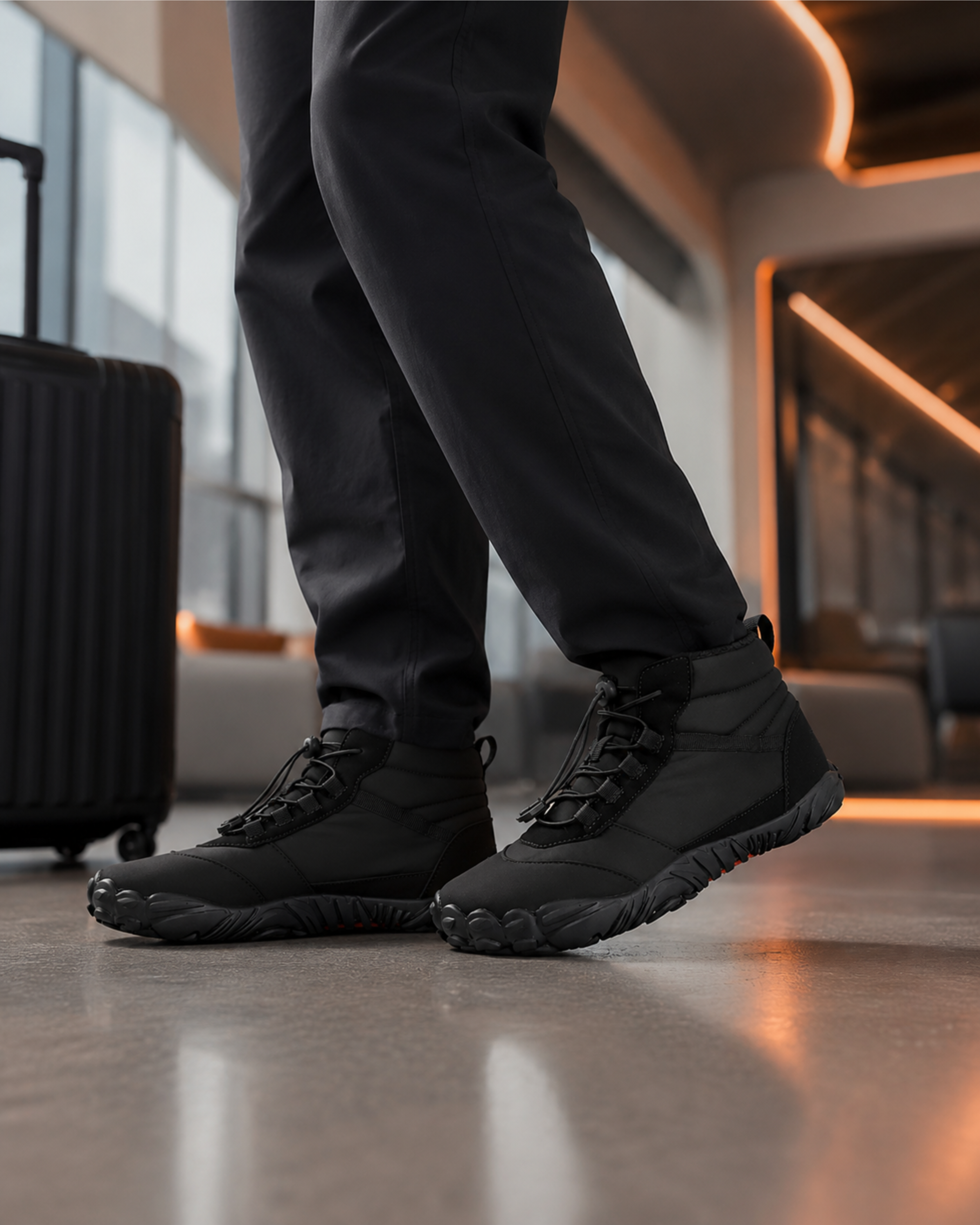 Person wearing black hiking boots in an indoor setting with a suitcase.