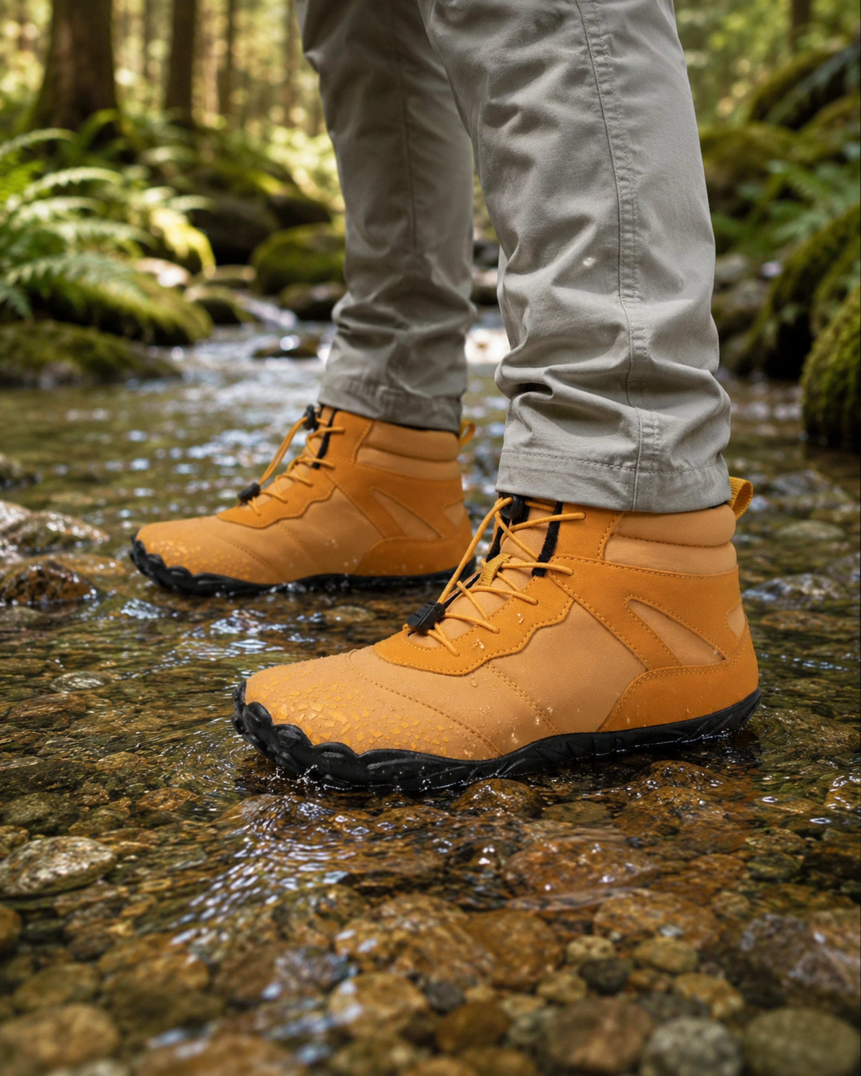 Person wearing orange boots walking through a stream in a forest