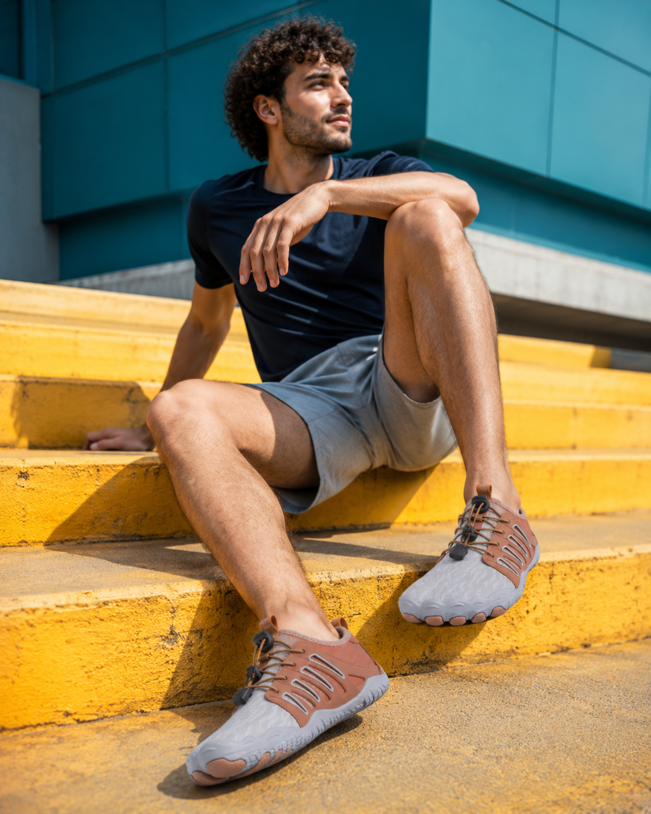 Man sitting on yellow steps wearing brown and gray sneakers.