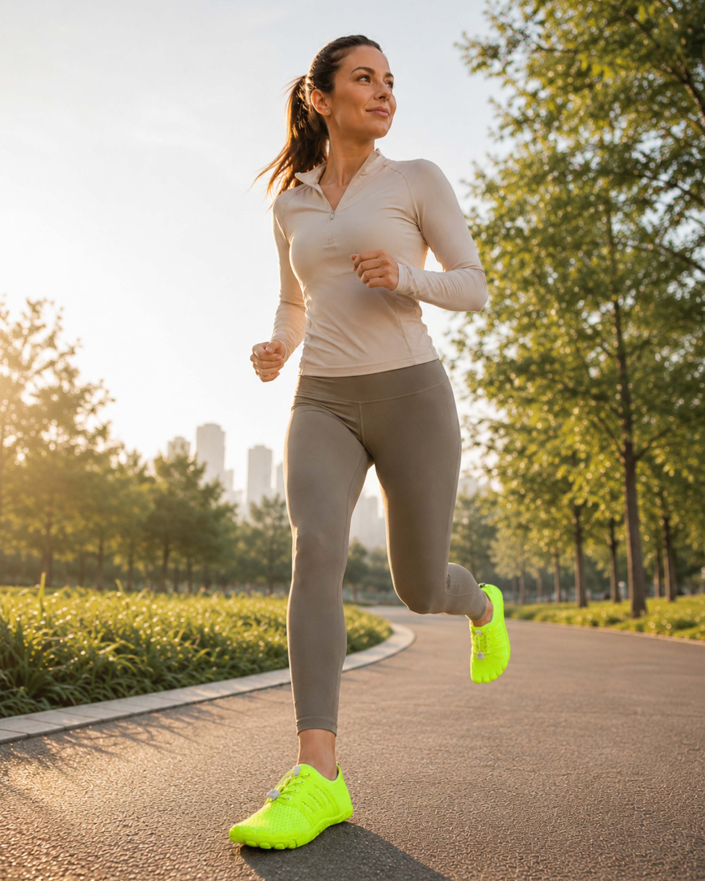 Woman running on a path with trees and buildings in the background