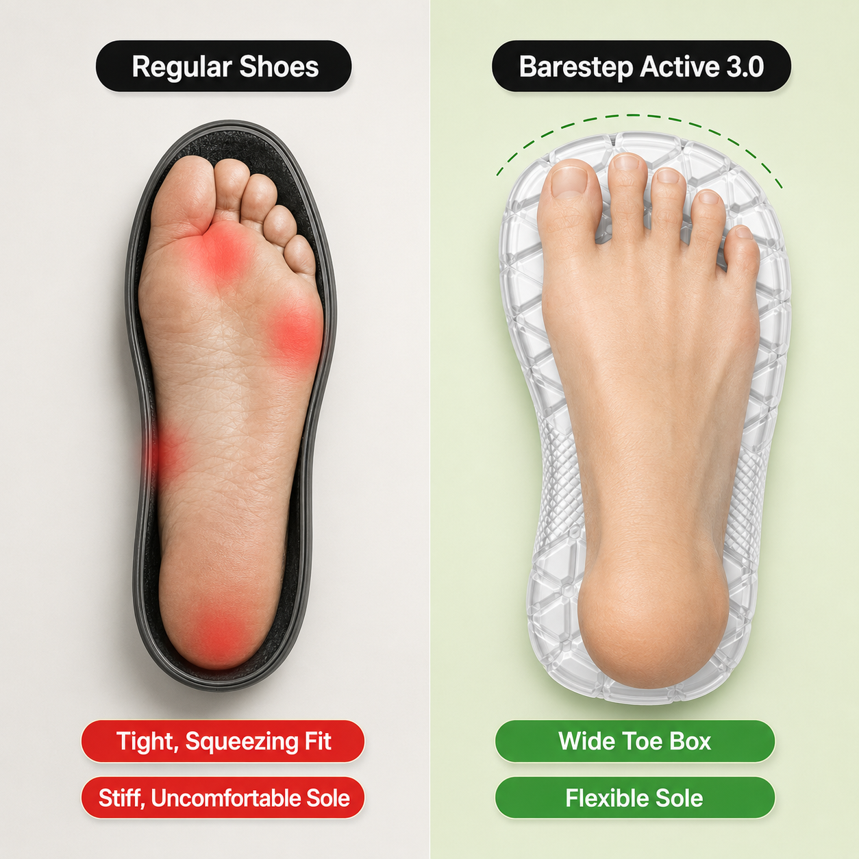 A side-by-side comparison graphic showing a human foot in two different shoe insoles.