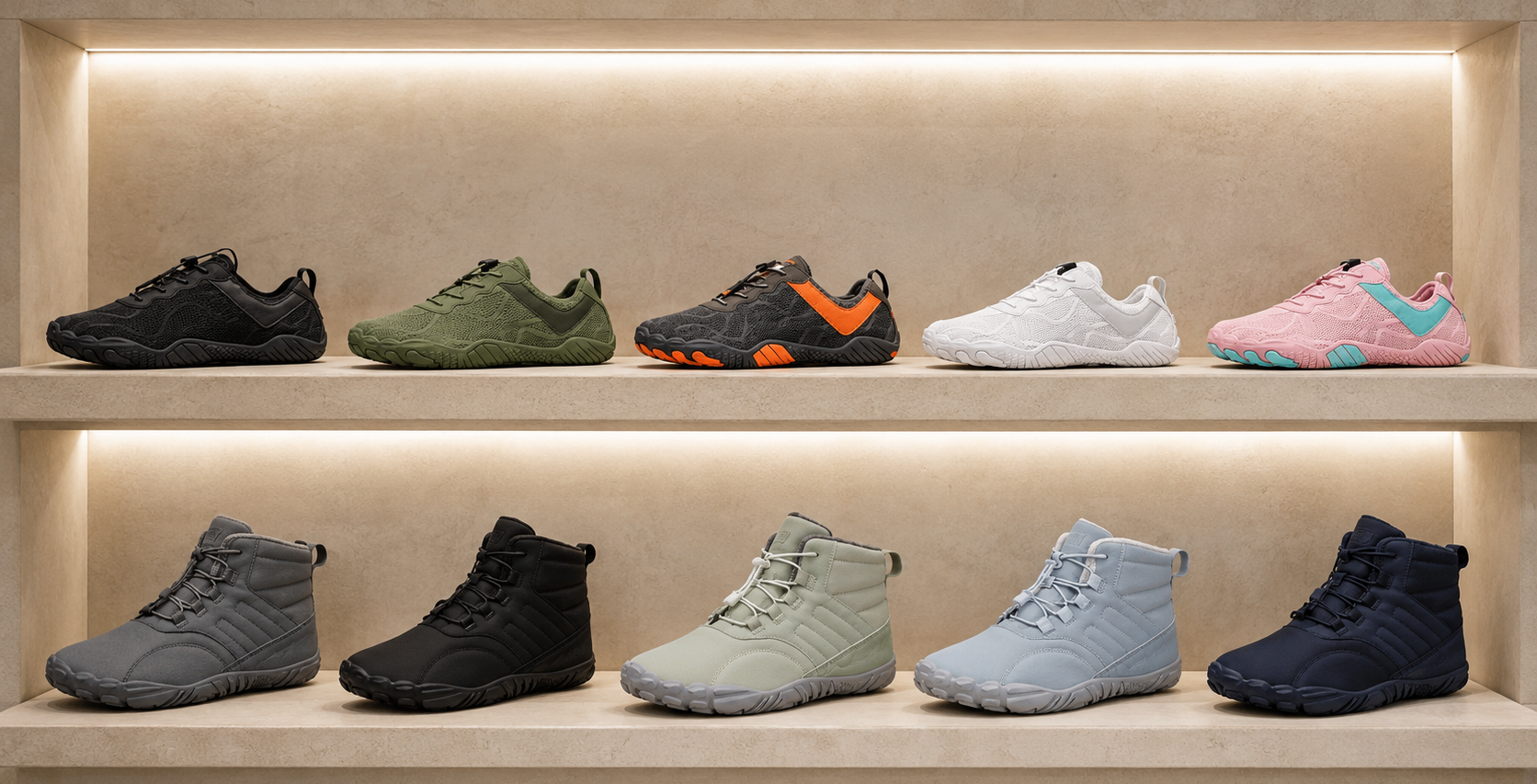 Ten athletic shoes displayed on two illuminated wooden shelves against a beige wall. The top row shows six low-top sneakers in black, olive green, dark gray with orange accents, white, and pink with turquoise accents.