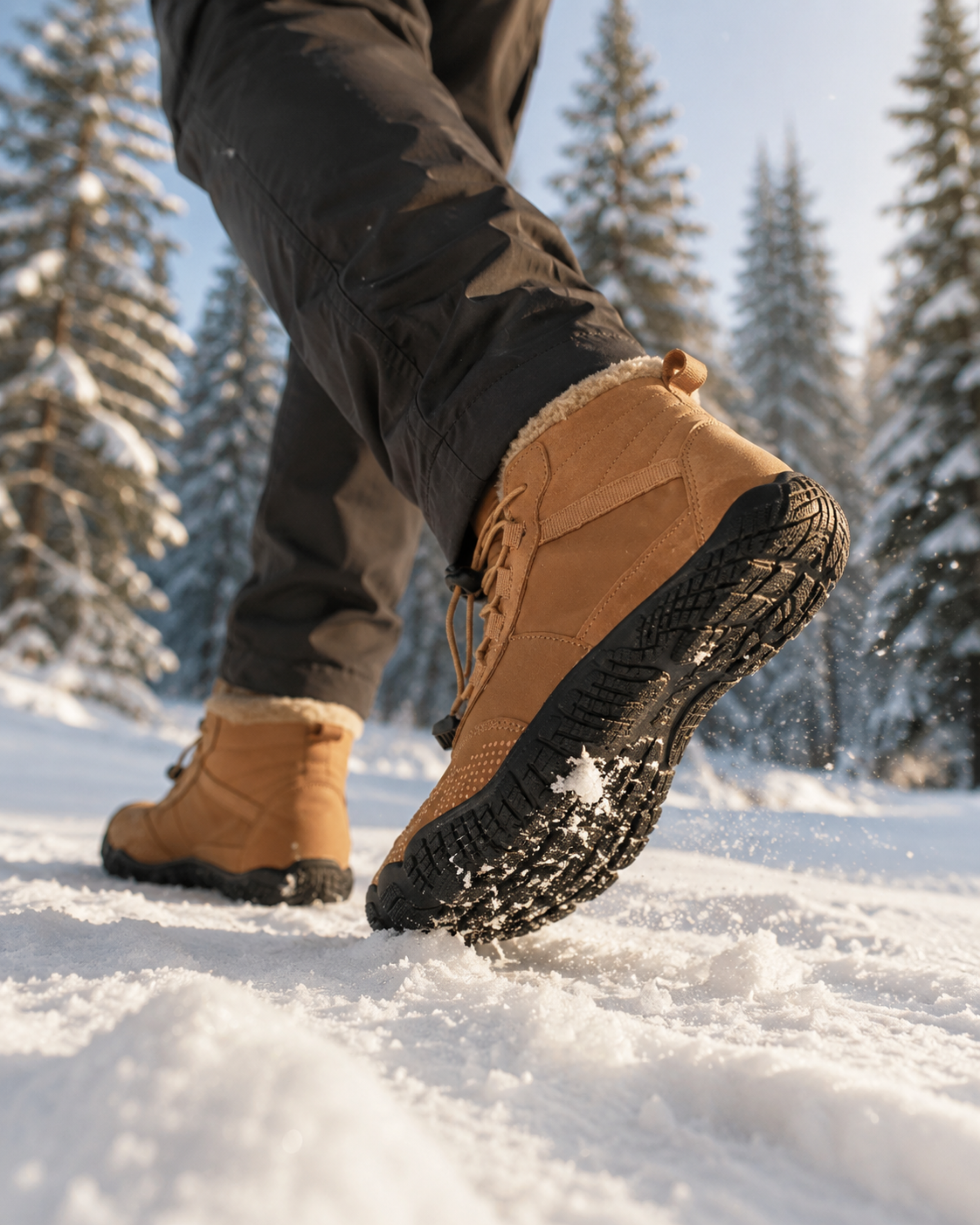 Person wearing brown winter boots walking on snow with trees in the background