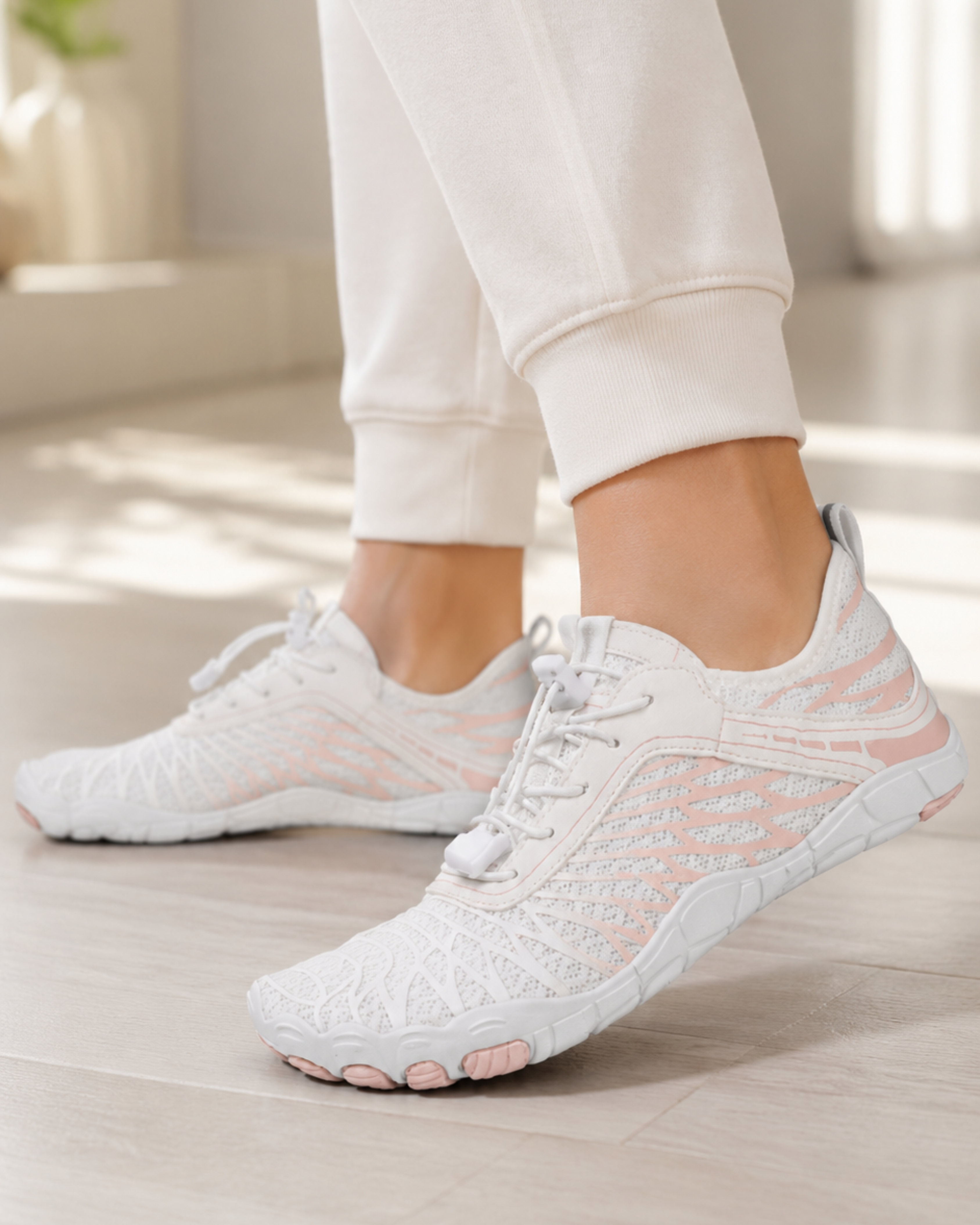 White and pink sneakers worn with white pants on a light wooden floor.