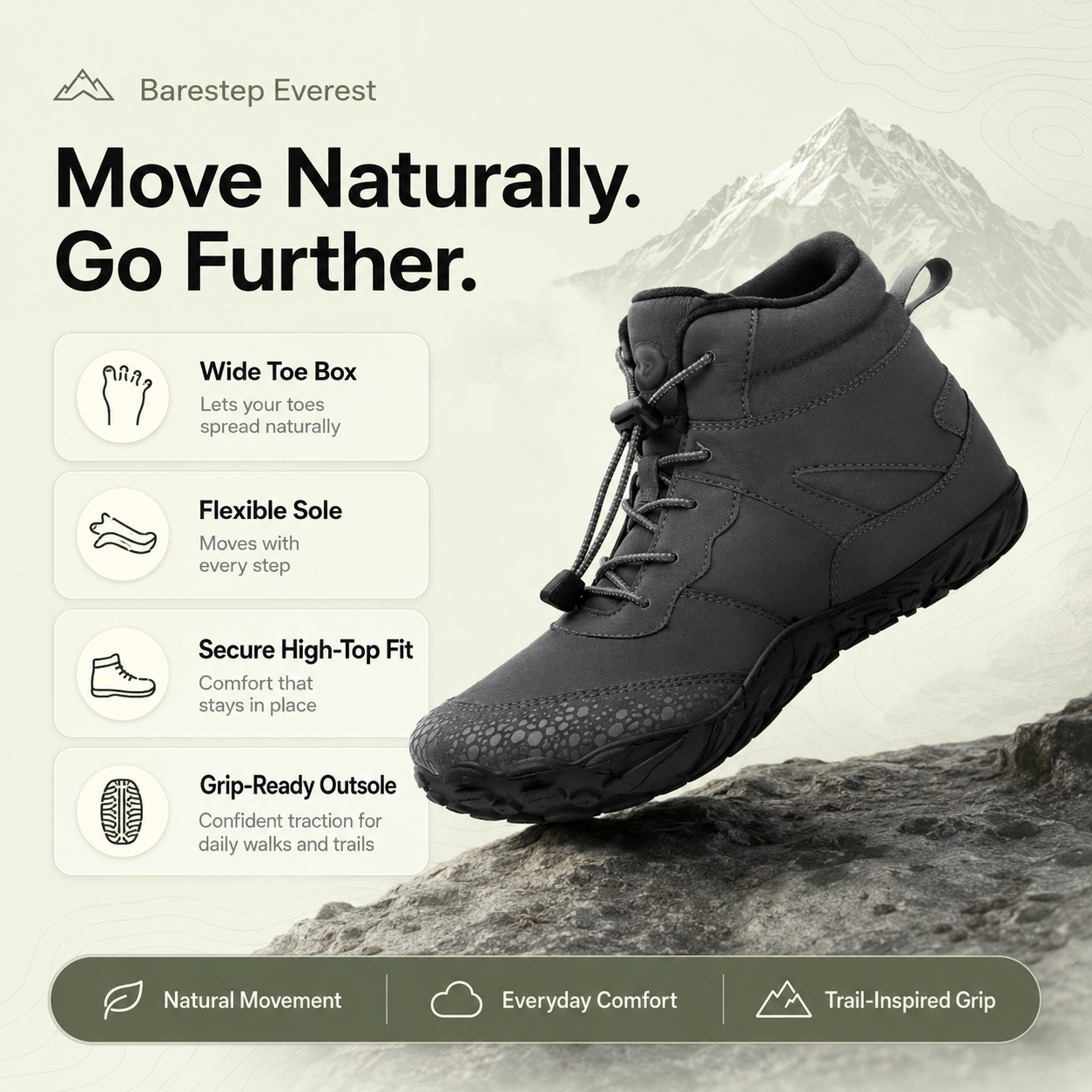 A black Barestep Everest hiking boot shown on a rock with a mountain backdrop, alongside feature callouts for wide toe box, flexible sole, secure high-top fit, and grip-ready outsole.