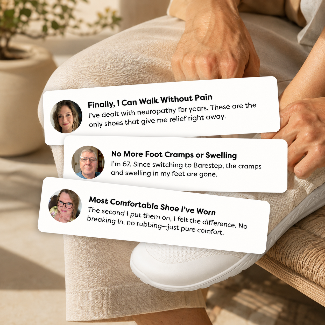 Three white rectangular review cards with customer testimonials.